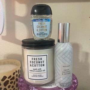 Fresh coconut and cotton single wick and room spray and pocketbac sanitizer